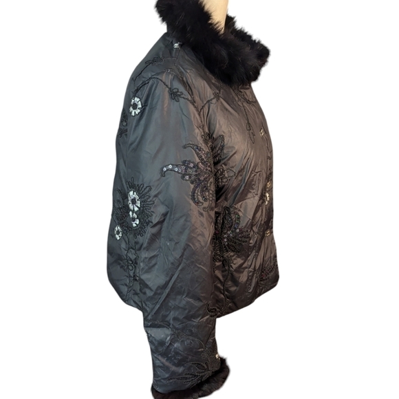 Embellished sequin embroidery faux fur trim black Warm Jacket Todd Smith  Sz M - Picture 4 of 13